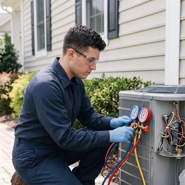 Professional HVAC technician performing electrical diagnostics and repairs on an outdoor AC unit in Tomball Texas