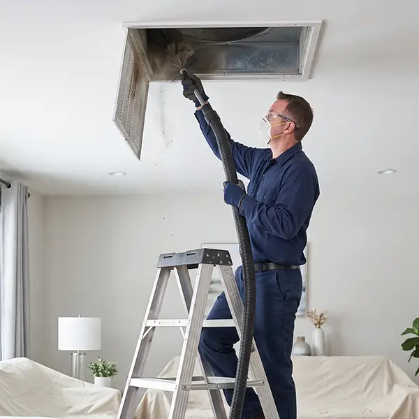 Technician inspecting and cleaning an air vent register in Tomball Texas