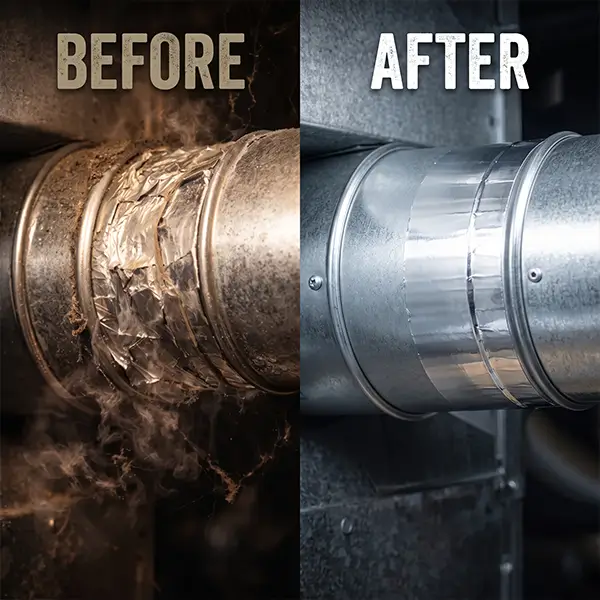 Before and after professional duct sealing and air leak repair service in Tomball Texas