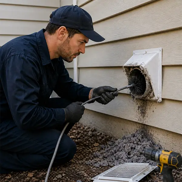 Technician performing a professional dryer vent cleaning and lint extraction in Tomball Texas