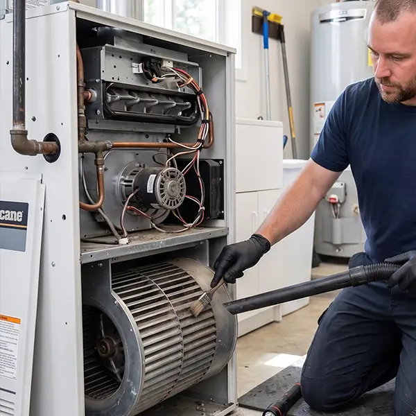 Technician performing a comprehensive inspection and cleaning on a residential furnace system in Tomball Texas
