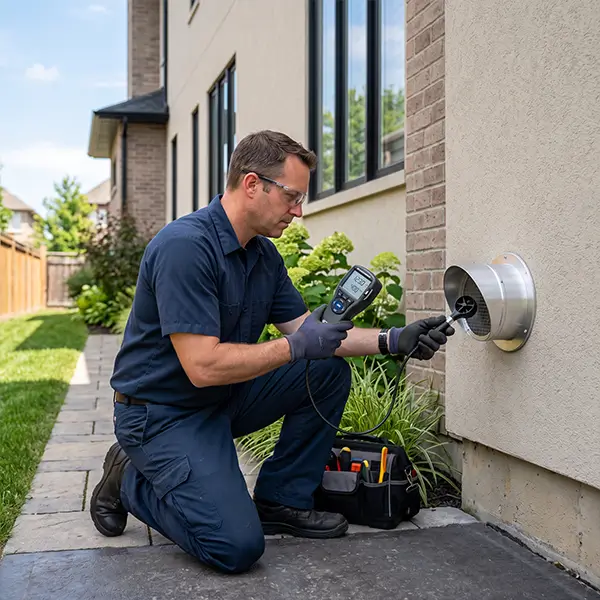 Technician measuring exhaust pressure and air velocity to confirm optimal dryer vent efficiency in Tomball Texas
