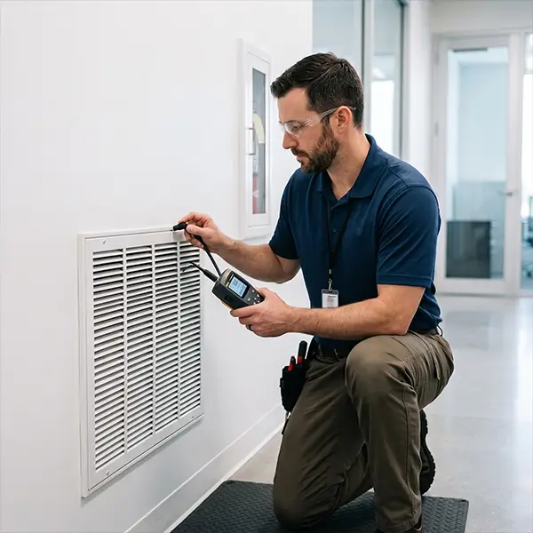 Professional technician locating and sealing air leaks in residential HVAC ductwork in Tomball Texas