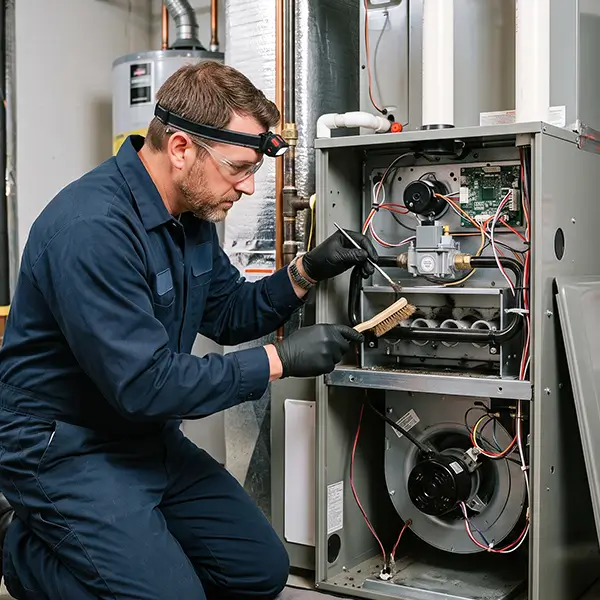 Technician verifying clean internal components for optimized furnace efficiency and performance in Tomball Texas