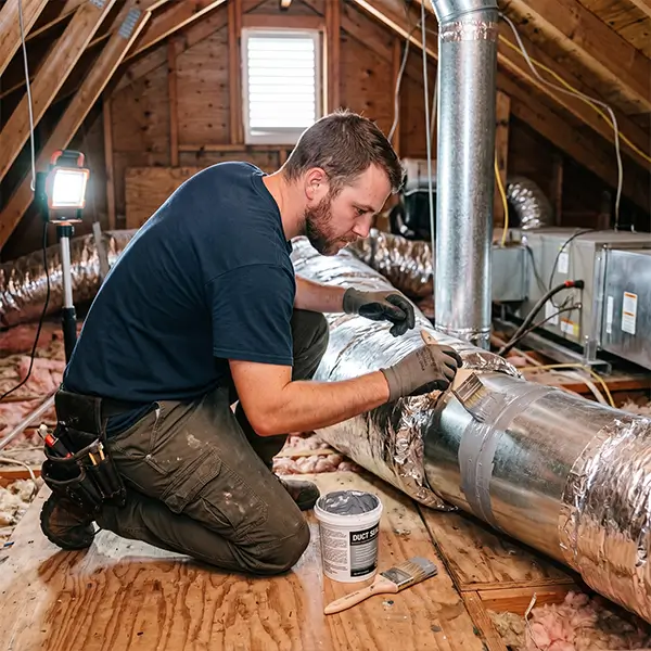 Technician measuring static pressure runs and verifying airtight joints after professional duct leak repair in Tomball Texas